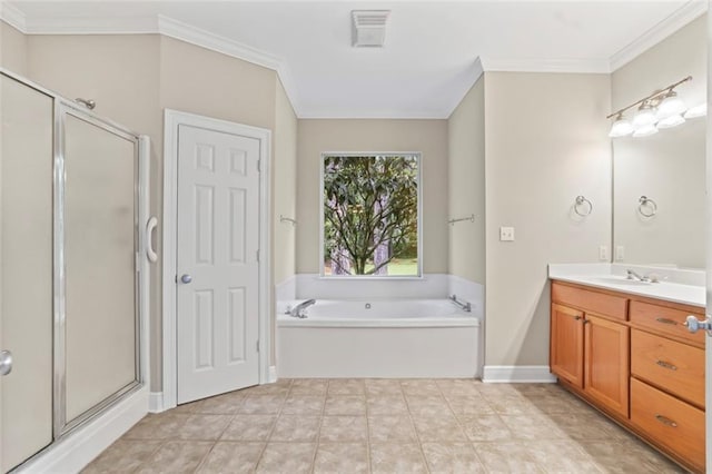 213 Secluded Oaks Ln, Madisonville, LA 70447 - bathroom featuring ornamental molding, vanity, a shower stall, a bath, and baseboards