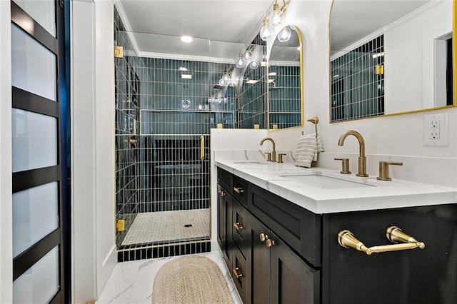 5116 Wilson Dr, Metairie, LA 70003 - bathroom featuring ornamental molding, marble finish floors, double vanity, and a shower stall