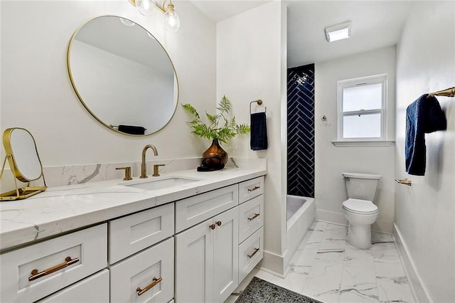 5116 Wilson Dr, Metairie, LA 70003 - bathroom with vanity, baseboards, marble finish floors, toilet, and shower / tub combo with curtain