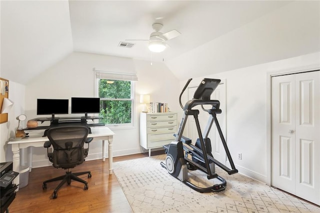 46 Begonia Dr, Covington, LA 70433 - office area featuring a ceiling fan, lofted ceiling, and wood finished floors