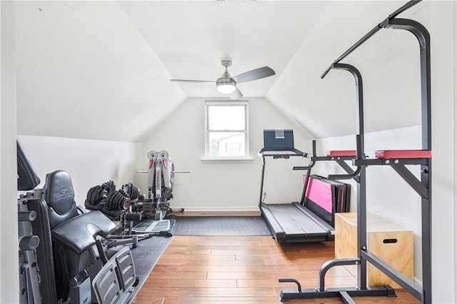 148 Macque Dr, Harahan, LA 70123 - workout room featuring wood-type flooring, a ceiling fan, vaulted ceiling, and baseboards