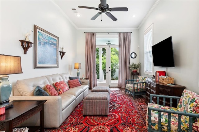 2025 First St, New Orleans, LA 70113 - living area featuring ceiling fan, crown molding, and french doors