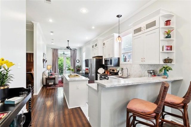 2025 First St, New Orleans, LA 70113 - kitchen featuring appliances with stainless steel finishes, a sink, crown molding, a kitchen island, and a peninsula