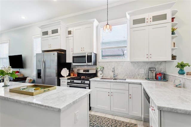 2025 First St, New Orleans, LA 70113 - kitchen with appliances with stainless steel finishes, a sink, ornamental molding, open shelves, and white cabinets