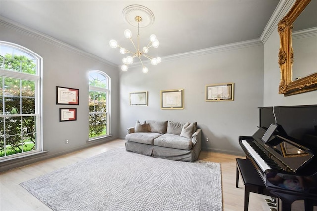 3117 39th St, Metairie, LA 70001 - living area with a chandelier, crown molding, light wood-type flooring, and baseboards