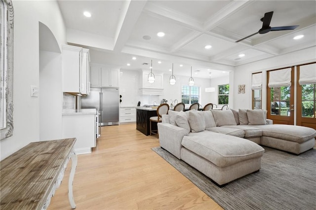 3117 39th St, Metairie, LA 70001 - living area featuring light wood-style flooring, ceiling fan, recessed lighting, beam ceiling, and coffered ceiling