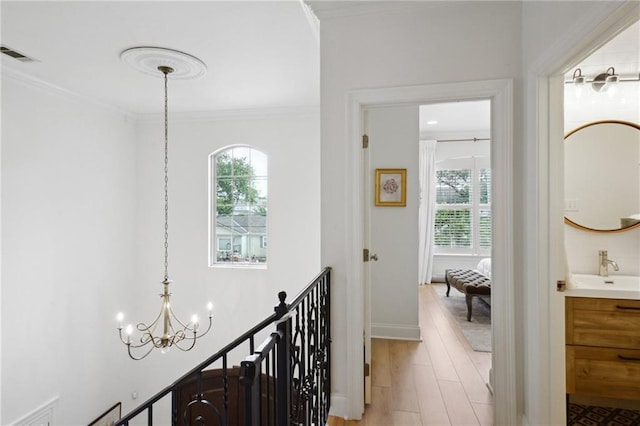 3117 39th St, Metairie, LA 70001 - hall with healthy amount of natural light, ornamental molding, a chandelier, light wood-style flooring, and a sink