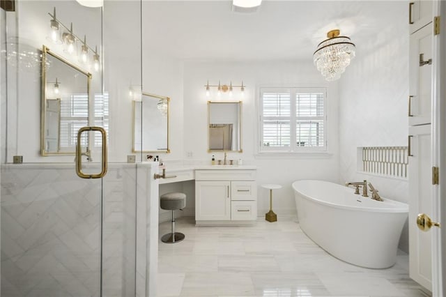 3117 39th St, Metairie, LA 70001 - full bath with a marble finish shower, a soaking tub, vanity, and a chandelier