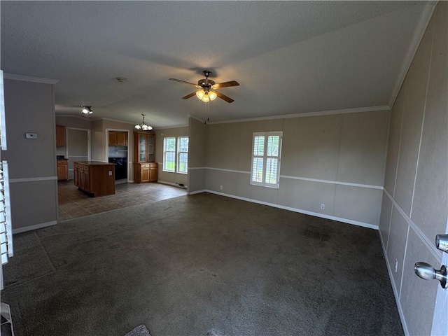150 Elm St, Hahnville, LA 70057 - unfurnished living room featuring a ceiling fan, carpet, ornamental molding, baseboards, and a chandelier
