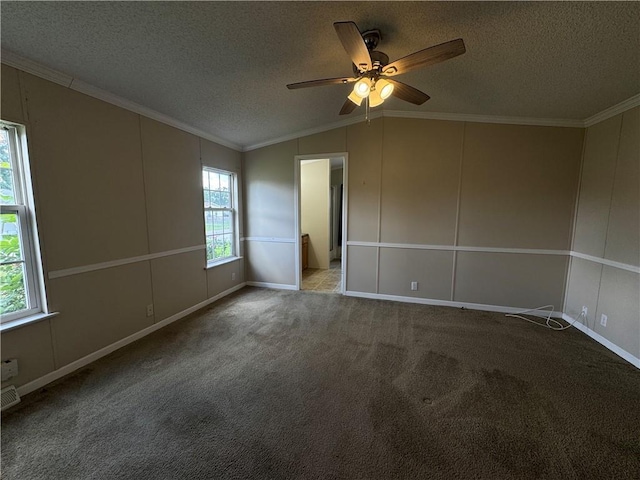 150 Elm St, Hahnville, LA 70057 - carpeted empty room featuring a textured ceiling, ceiling fan, a decorative wall, ornamental molding, and lofted ceiling