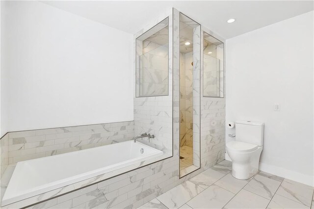 5320 Wickfield Dr, New Orleans, LA 70122 - bathroom featuring toilet, marble look tiles, a bath, walk in shower, and recessed lighting