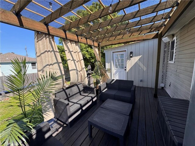 5320 Wickfield Dr, New Orleans, LA 70122 - wooden deck with an outdoor hangout area, a pergola, and fence