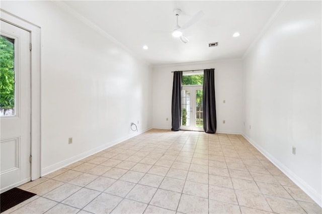 5820 Magnolia St, New Orleans, LA 70115 - empty room featuring ornamental molding, ceiling fan, baseboards, light tile patterned floors, and recessed lighting