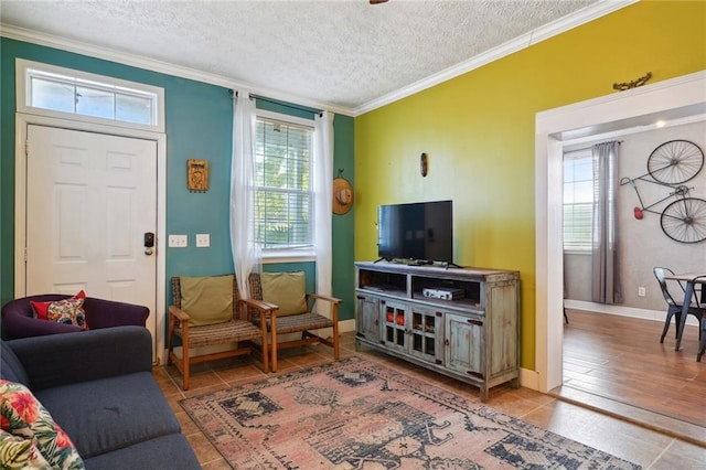 3115 Conti St, New Orleans, LA 70119 - tiled living area featuring crown molding, a textured ceiling, and baseboards