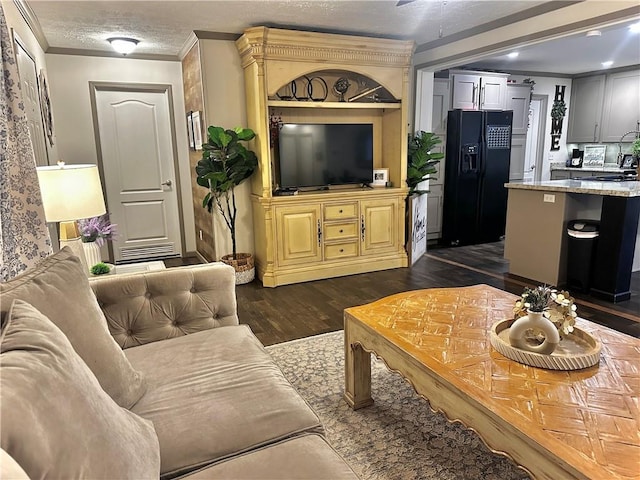 40140 Fire Tower Rd, Ponchatoula, LA 70454 - living room featuring crown molding, dark wood-style flooring, recessed lighting, a textured ceiling, and ceiling fan