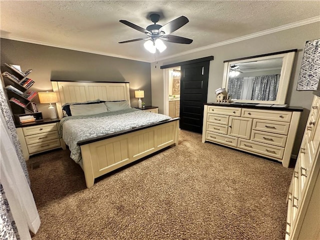 40140 Fire Tower Rd, Ponchatoula, LA 70454 - carpeted bedroom with a textured ceiling, ornamental molding, a ceiling fan, and ensuite bath