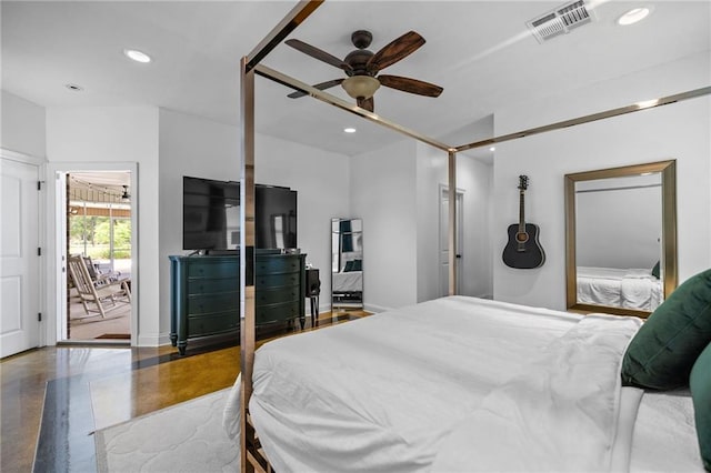 bedroom with finished concrete floors, recessed lighting, baseboards, and a ceiling fan
