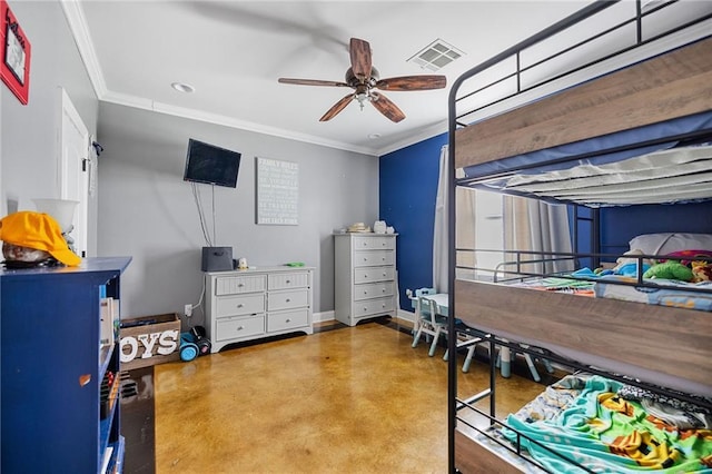 bedroom featuring ornamental molding, concrete floors, ceiling fan, recessed lighting, and baseboards