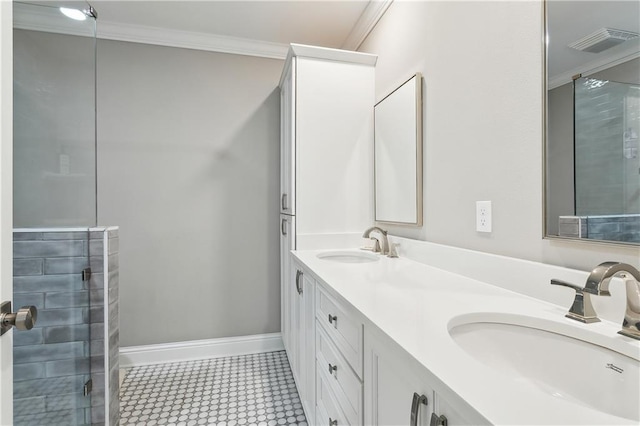 7449 Cameo St, New Orleans, LA 70124 - full bath featuring tiled shower, double vanity, ornamental molding, and baseboards