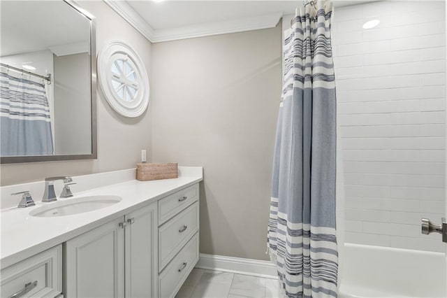 7449 Cameo St, New Orleans, LA 70124 - bathroom with marble finish floors, vanity, crown molding, baseboards, and shower / tub combo