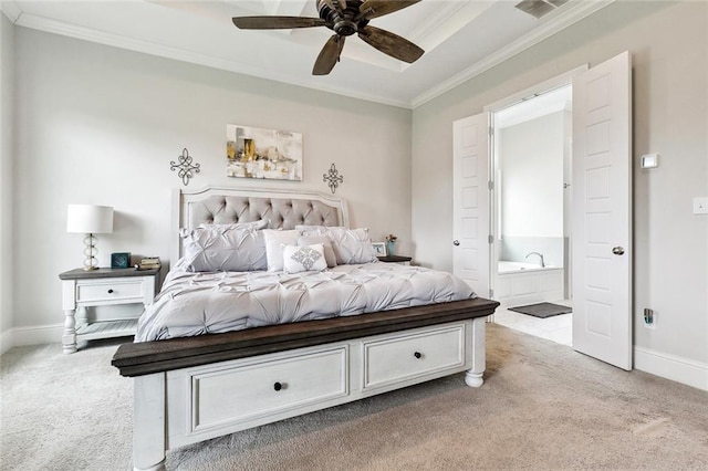 2040 Cypress Bend Ln, Madisonville, LA 70447 - bedroom featuring light carpet, ornamental molding, baseboards, ensuite bathroom, and a ceiling fan