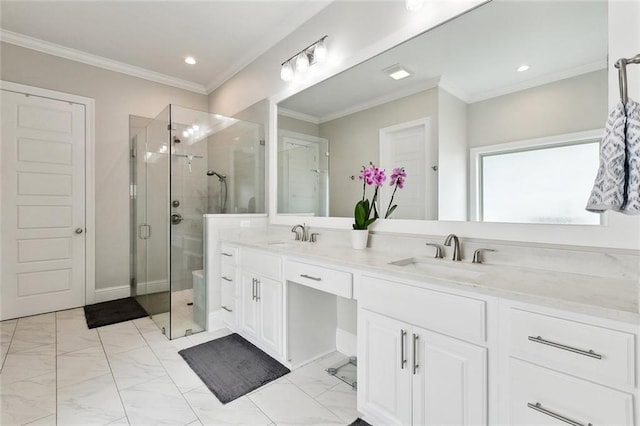 2040 Cypress Bend Ln, Madisonville, LA 70447 - full bathroom featuring a stall shower, double vanity, marble look tile flooring, crown molding, and recessed lighting