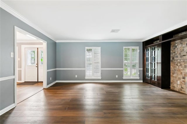 3501 Pin Oak Ave, New Orleans, LA 70131 - unfurnished living room with healthy amount of natural light, ornamental molding, dark wood-style floors, and baseboards