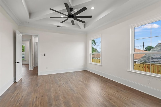 unfurnished room featuring wood-type flooring, ceiling fan, baseboards, coffered ceiling, and recessed lighting