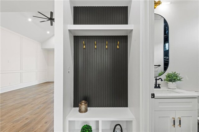 2104 Mississippi Ave, Metairie, LA 70003 - mudroom featuring a ceiling fan, a sink, wood finished floors, vaulted ceiling, and recessed lighting