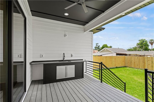 wooden terrace with a ceiling fan and a sink