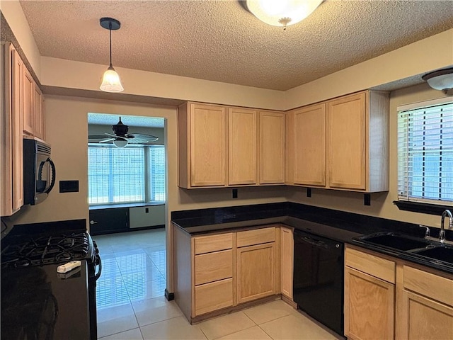 11240 Winrock Dr, New Orleans, LA 70128 - kitchen featuring black appliances, a sink, light brown cabinets, ceiling fan, and a textured ceiling