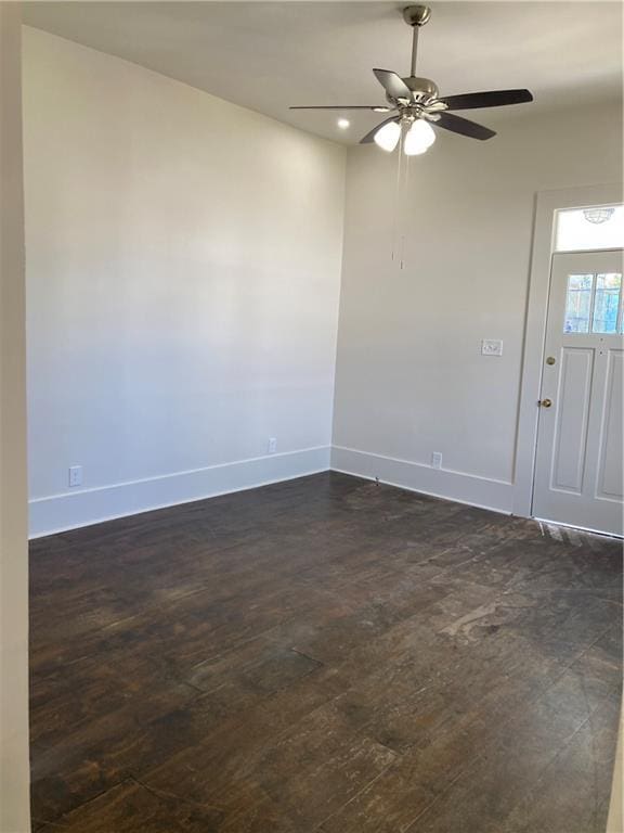 3515 S Miro St, New Orleans, LA 70125 - unfurnished room featuring dark wood-style floors, baseboards, ceiling fan, and recessed lighting