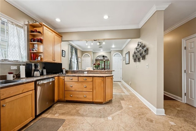 kitchen with dishwasher, arched walkways, a peninsula, open shelves, and crown molding