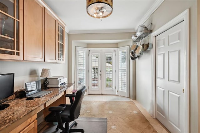 office area featuring french doors and crown molding