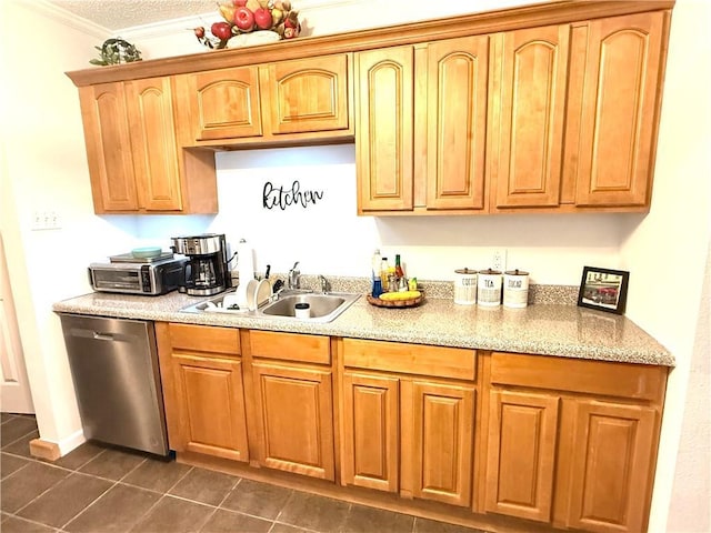 4560 Laine Ave, New Orleans, LA 70126 - bar with dishwasher, a sink, dark tile patterned floors, and ornamental molding