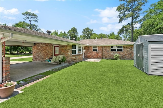 1207 Cousin St, Slidell, LA 70458 - rear view of property featuring a shed, brick siding, a yard, and roof with shingles