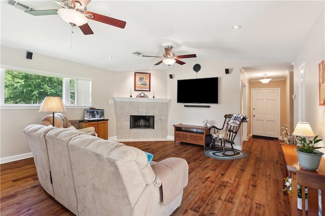 1207 Cousin St, Slidell, LA 70458 - living area featuring ceiling fan, wood finished floors, recessed lighting, and a fireplace