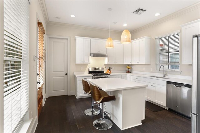 110 Sharon Dr, New Orleans, LA 70124 - kitchen with a sink, appliances with stainless steel finishes, under cabinet range hood, a kitchen island, and dark wood finished floors