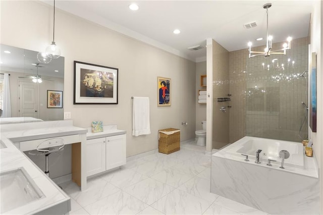 110 Sharon Dr, New Orleans, LA 70124 - full bath featuring vanity, recessed lighting, a garden tub, toilet, and marble look tiles