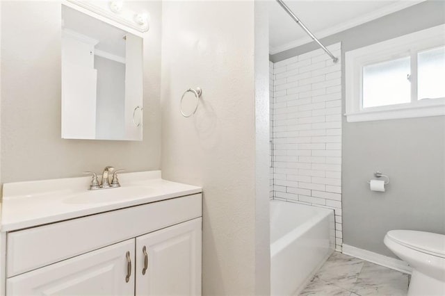 full bath with ornamental molding, marble look tiles, toilet, vanity, and baseboards