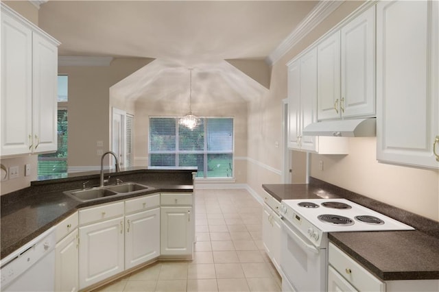 910 Crestwood Blvd, Covington, LA 70433 - kitchen with a sink, under cabinet range hood, white appliances, white cabinets, and dark countertops