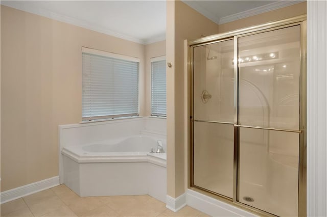910 Crestwood Blvd, Covington, LA 70433 - full bathroom with a shower stall, a garden tub, baseboards, crown molding, and tile patterned flooring