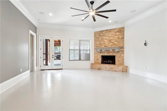 428 Hesper Ave, Metairie, LA 70005 - unfurnished living room featuring crown molding, ceiling fan, a fireplace, and tile patterned floors