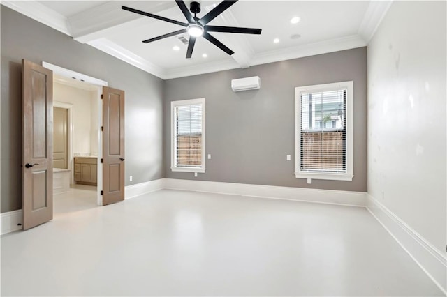 428 Hesper Ave, Metairie, LA 70005 - unfurnished room featuring beamed ceiling, ornamental molding, a ceiling fan, a wall mounted air conditioner, and concrete floors