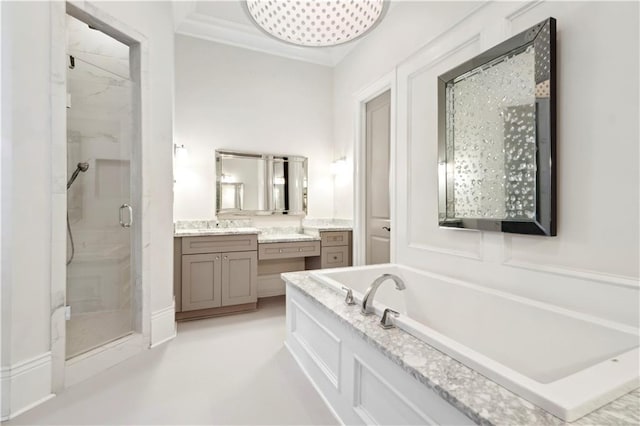 428 Hesper Ave, Metairie, LA 70005 - full bathroom with a marble finish shower, a garden tub, vanity, and ornamental molding