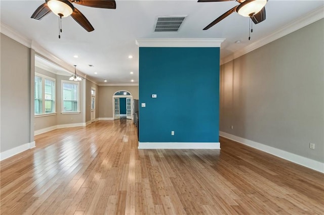 unfurnished living room with ceiling fan, light wood-style floors, crown molding, baseboards, and recessed lighting