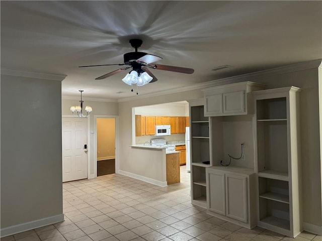 710 E Boyd Dr Unit 906, Baton Rouge, LA 70808 - kitchen with white appliances, open shelves, a peninsula, a chandelier, and light countertops