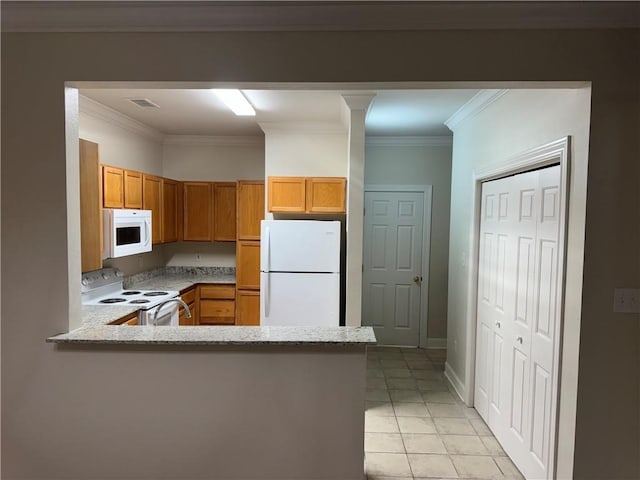 710 E Boyd Dr Unit 906, Baton Rouge, LA 70808 - kitchen with white appliances, a peninsula, light tile patterned flooring, light stone counters, and crown molding