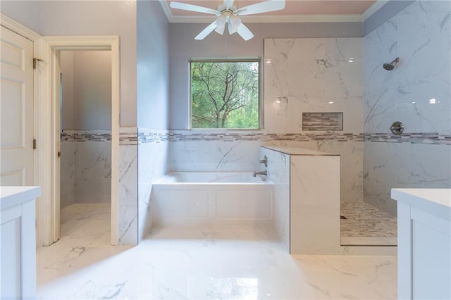 324 Salem Dr, Mandeville, LA 70471 - bathroom featuring crown molding, a garden tub, a marble finish shower, vanity, and a ceiling fan