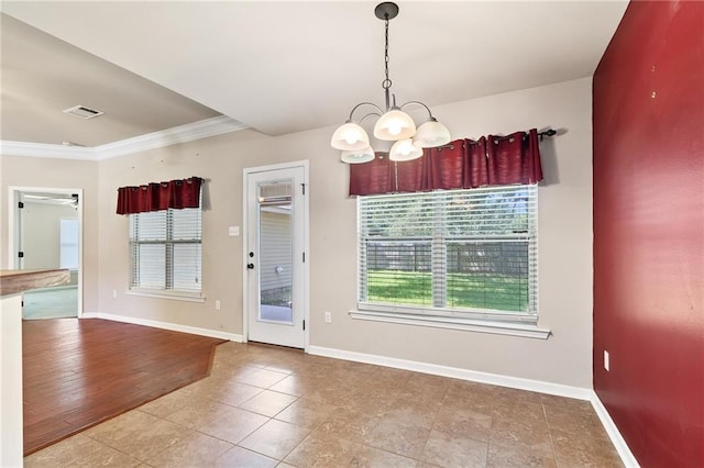 28475 Apple Blossom Ln, Ponchatoula, LA 70454 - unfurnished dining area with a chandelier, baseboards, tile patterned floors, and ornamental molding